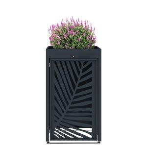 single metal wheelie bin store featuring a decorative metal panel with a fixed planter roof to provide additional planting space on top of the bin store.